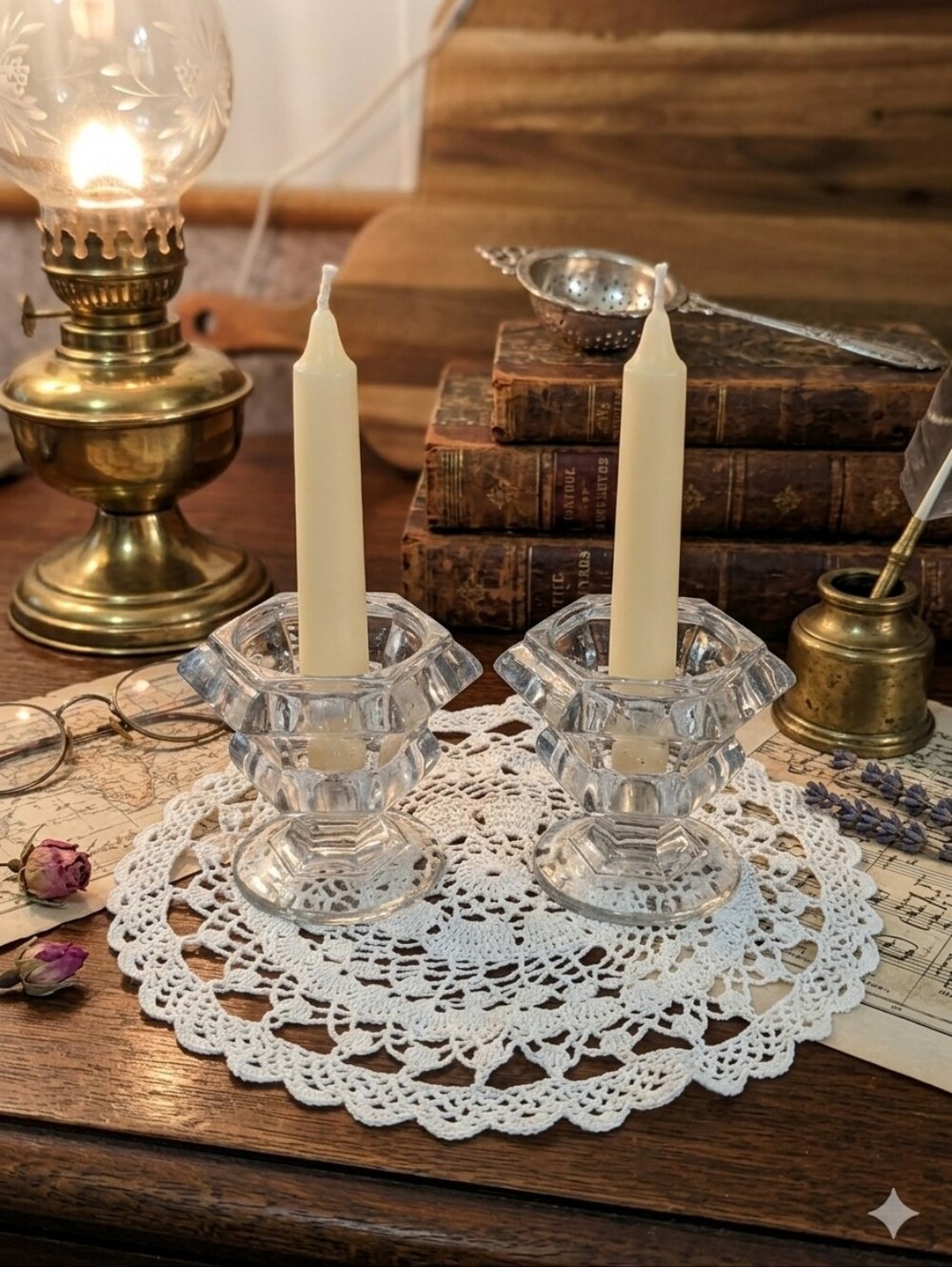 Vtg Clear Pressed Glass Hexagonal Candlestick Holder Pair Art Deco Cottagecore